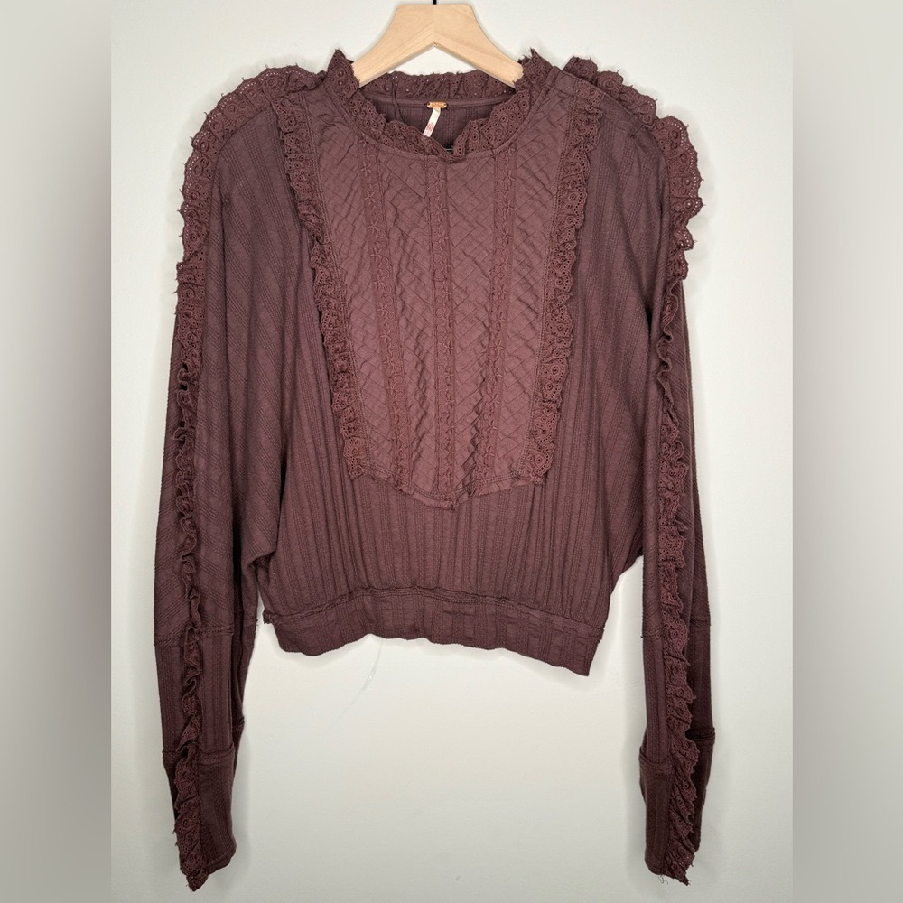 Free People More Romance Eyelet Lace Ruffle Mocha Shirt- Small - Picture 4 of 11